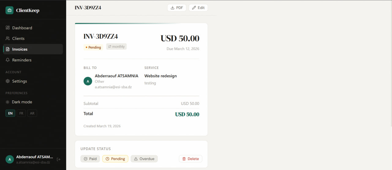 ClientKeep — Reminders